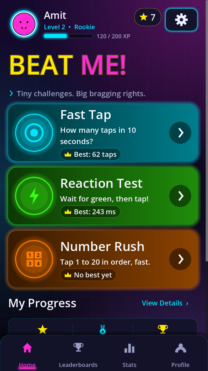 BEAT ME! home screen with the three games