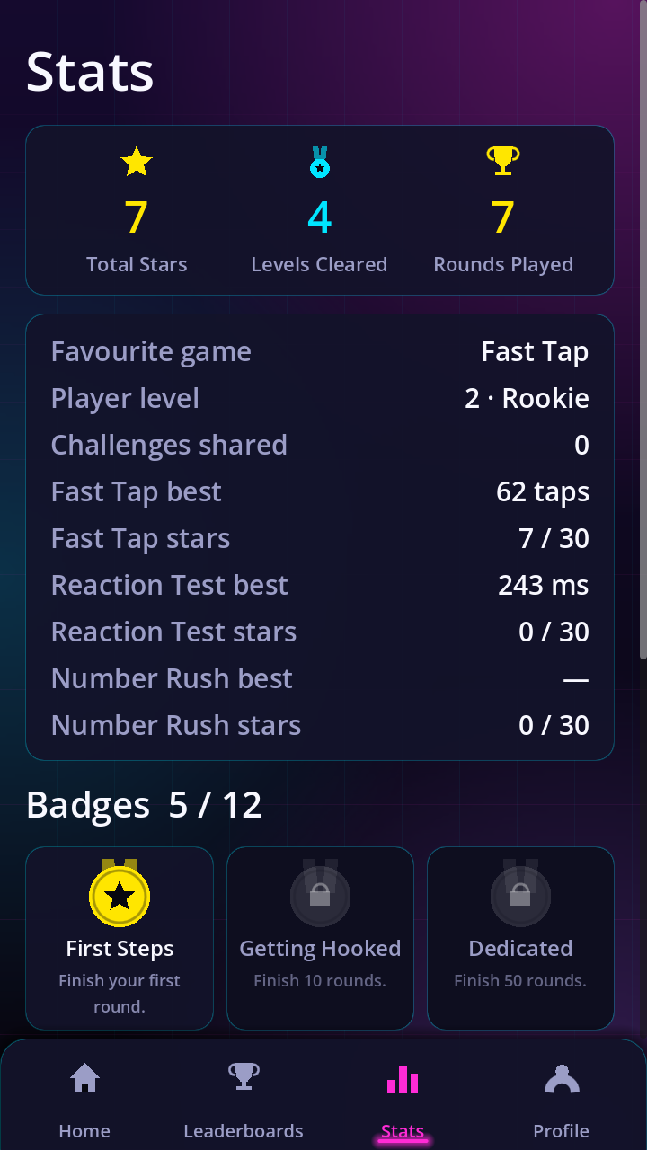 Player profile with avatar, XP and stats