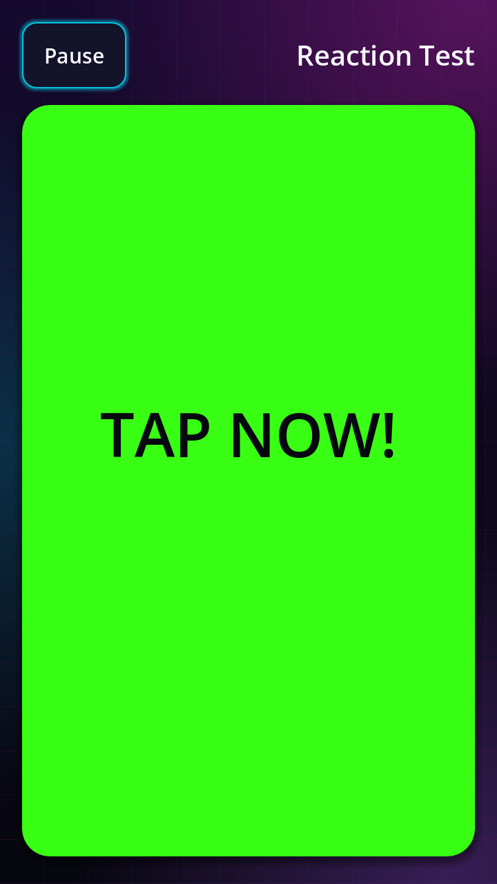 Reaction Test showing the green TAP NOW screen
