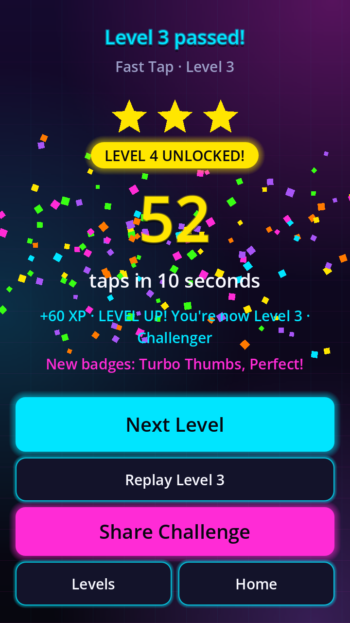 Results screen with a level-up and new badges