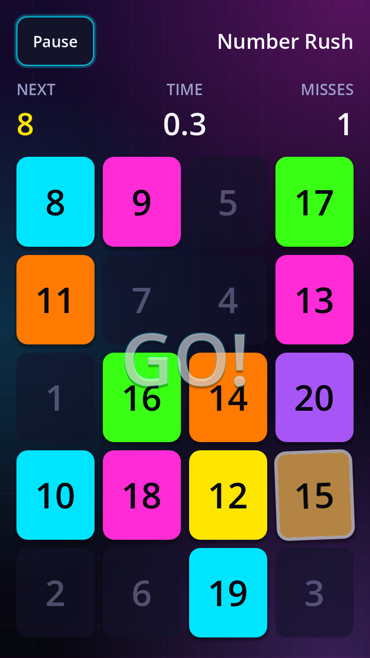 Number Rush grid of numbered tiles